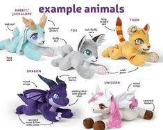 several stuffed animals are labeled in different languages, including unicorns and raccoons