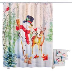 a shower curtain with a snowman and two deer