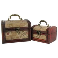 two wooden boxes with decorative designs on the top and bottom, one has handles to hold cards