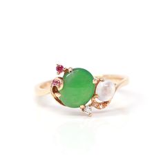 Baikalla™ "Karla" 18k Rose Gold Natural Imperial Jadeite Engagement Ring With Rubies & Diamonds Jade Engagement Ring, Key Pendant Necklace, Everyday Luxury, Anniversary Jewelry, Jade Ring, Rare Gems, Stone Engagement Rings, Jade Jewelry, Ruby Diamond