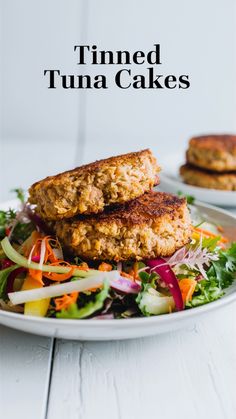 two fried tuna cakes on a plate with salad and carrots in the background text reads,