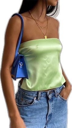 Y2k Style Summer Club Tube Top, Y2k Style Summer Tube Top For Club, Y2k Style Tube Top For Summer Clubbing, Summer Green Satin Camisole, Green Satin Camisole For Summer, Green Strapless Tank Top For Party, Green Backless Crop Top, Green Backless Tank Top For Party, Trendy Green Camisole For Parties