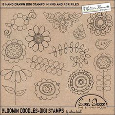 a bunch of doodles that are on top of a piece of brown paper with the words bloomin doodles - dig stamps