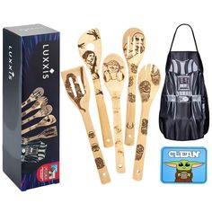 wooden utensils with star wars characters on them next to a box and sticker