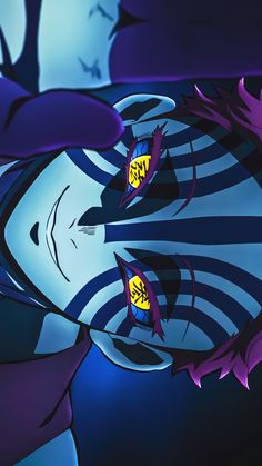 an animated image of a woman's face with blue and purple stripes on it