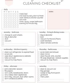 the cleaning checklist is shown in pink and white