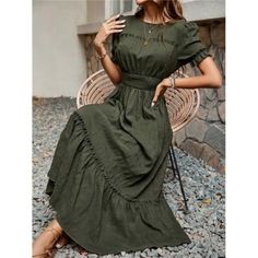 -Item Id 28094180 -Color: Army Green -Style: Casual -Pattern Type: Plain -Details: Frill, Ruffle Hem, Shirred -Neckline: Round Neck -Sleeve Length: Short Sleeve -Type: A Line -Sleeve Type: Puff Sleeve -Waist Line: High Waist -Hem Shaped: Layered/Tiered, Flounce -Length: Long -Fit Type: Regular Fit -Fabric: Slight Stretch -Material: Woven Fabric -Composition: 100% Polyester -Care Instructions: Hand Wash Or Professional Dry Clean -Sheer: No **Open To Offers!!!** **Bundle To Save More** **30% Off B Modest Summer Outfits Christian, Modest Spring Dresses, Earthy Outfits, Vestidos Vintage, Round Neck Dresses, Formal Dresses For Women, Ruched Dress, Clothing Size Chart, Womens Clothing Sizes