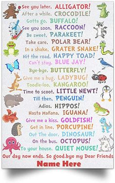 a poster with different types of animals and words on it's front cover, which reads