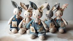 four little stuffed rabbits sitting next to each other wearing overalls and denim outfits with flowers on their ears