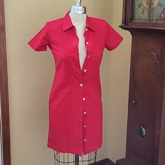 Classic Red Shirt Dress From Christopher & Banks. Has Tags And Extra Button In Envelope Still Attached. Even Still Has Shoulder Pads! Linen Blend With Mother Of Pearl Style Buttons All Down The Front. Size 4. Fitted Collared Shirt Dress For Date Night, Red Collared Shirt Dress For Summer, Fitted Red Shirt Dress For Summer, Red Knee-length Shirt Dress For Summer, Red Buttoned Shirt Dress For Summer, Red Mini Length Shirt Dress, Fitted Cotton Shirt Dress For Casual Wear, Red Cotton Shirt Dress For Summer, Fitted Red Mini Dress With Button Closure