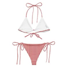 This red gingham eco friendly bikini not only helps reduce environmental impact but also showcases an elegant and timeless gingham pattern. With its comfortable fit, adjustable strings, and high-quality fabric, this bikini offers both fashion and functionality. Brand: BOHIQ Bikini top with removable padding Pattern: Red Gingham UPF50+ protection Sizes up to 5XL Fabric: 81% recycled polyester, 19% Lycra spandex OEKO-TEX 100 standard certified Global Recycled Standard (GRS) certified Multiple ways to tie and style the bikini set Care: Thoroughly rinse it off after each use and get rid of any chlorine/salt residue. Summer Triangle Top Swimwear For Picnic, Triangle Top Swimwear For Summer Picnic, Gingham Swimwear For Sunbathing In Beach Season, Gingham Swimwear For Beach Season Sunbathing, Gingham Swimwear For Sunbathing, Gingham Triangle Top Swimwear For Beach Season, Gingham Beachwear For Beach Season, Gingham Swimwear For Beach Season, Gingham Beachwear Swimwear For Beach Season