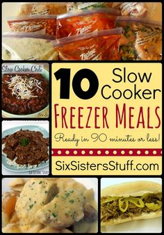 slow cooker freeze meals with text overlay reading 10 slow cooker freeze meals ready in 30 minutes or less