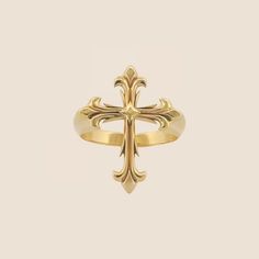 This gold Fleury Cross Ring showcases a detailed, prominent cross at the center. With a smooth band for a comfortable fit, it combines high-quality craftsmanship with a striking design. 14k solid gold Made in USA This item is made to order. Please allow extra time for shipping *Weights provided are estimates only. Actual weight may differ. Ring With Cross, Sarasota Fl, Cross Ring, Sarasota, Solid Gold, Made In Usa, Comfort Fit, Band, Ring