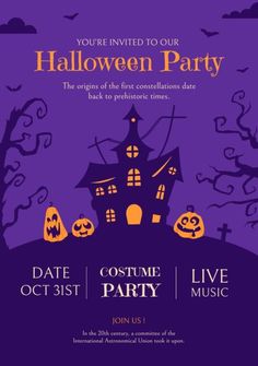 a halloween party flyer with an image of a house and pumpkins