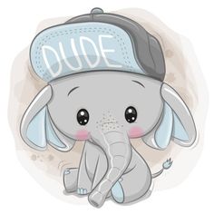 an elephant wearing a hat with the word dude on it's forehead and eyes