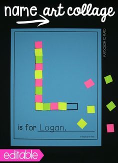 a poster with the words name art collage is for logn and squares on it