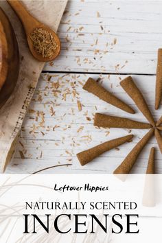 a wooden spoon with spices on it next to an image of the words, naturally scented incense