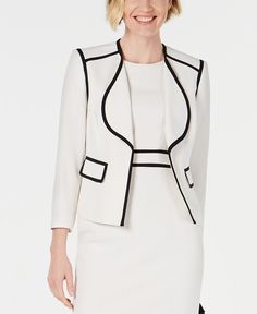 Outlined in fine contrast trim| every detail of this chic Kasper blazer stands out| so you can appreciate all of its smart lines.| Hits at hip; approx. length; 21-1/2| Wing lapel; open neckline and front; no closure| Contrast trim throughout Beige Suits, Blazer Beige, Work Jacket, Wear To Work, Work Jackets, White Blazer, Contrast Trim, Trendy Plus Size, Polished Look