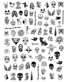 a large collection of skulls and other tattoos on a white background with the words halloween written in