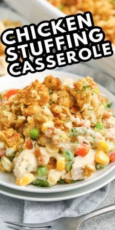 chicken stuffing casserole on a white plate with text overlay that reads chicken stuffing casserole