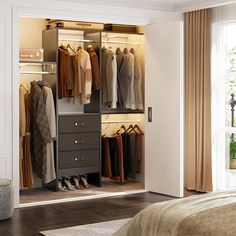 an open closet with clothes and shoes on the shelves next to a bed in front of a window