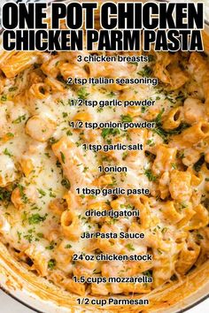 one pot chicken parm pasta recipe in a skillet with instructions on the side