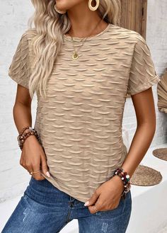 Beige Solid Color Crew Neck T-shirt, Beige Crew Neck T-shirt, Beige Crew Neck T-shirt Solid Color, Beige Stretch Crew Neck Blouse, Textured Fitted Short Sleeve Top, Casual Textured Short Sleeve Top, Casual Short Sleeve Textured Top, Textured Casual Crew Neck Tops, Textured Crew Neck Casual Tops