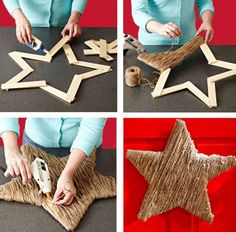 four pictures showing how to make a star out of straw