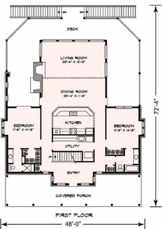 the first floor plan for a house with two levels and an upper level living area