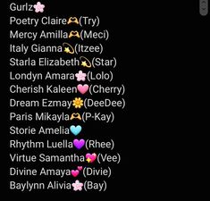 the names of many different people on a black background with pink, yellow and blue hearts