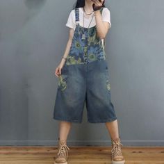 Comfortable, One of Kind. Overall Shorts online shop,|Street|Denim|Printed|Cropped Pants/Skirts|Pocket|Pullover|Wide Leg|Female|Blue|Black|One Size|Summer|Hand Wash Puff Shorts Overalls Sewing, Enby Overall Short, Ripped Overalls, Printed Cropped Pants, Loose Overalls, Overalls Shorts, Cotton Overalls, Denim Wide Leg, Overalls Pants