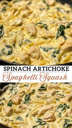 Spinach Artichoke Spaghetti Squash Low Carb Creamy Pesto Spaghetti Squash, Spaghetti Squash Spinach Artichoke, Spaghetti Squash Spinach Recipes, Spinach Artichoke Spaghetti Squash, Artichoke Spaghetti Squash, Artichoke Spaghetti, Easy Dinner Desserts, Spaghetti Squash Recipe