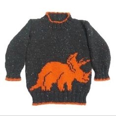 a sweater with an image of a dinosaur on the front and orange trimmings