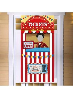 an image of a carnival ticket booth on the front of a door that says, tickets we are open