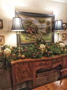 English Country Mantle Decor, English Hunting Decor, Sideboard Styling Decor Ideas, Christmas Sideboard Decor, English Country Christmas, English Country Dining Room, Christmas Sideboard, Historic Aesthetic, Dining Room Christmas Decor