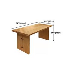 a wooden table with measurements for the top and bottom section, including two doors on each side