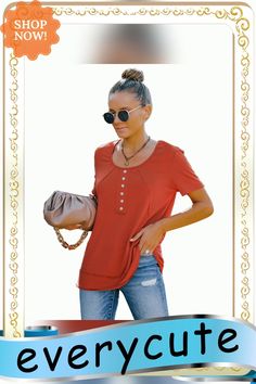 Rust Red Button Detail Short Sleeve Tees Women's Outfits By Occasions, Red Button, Women Tops, Button Detail, Short Sleeve Tee, Rust, Casual Outfits, Shop Now, Womens Tops