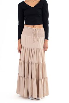 Taupe Smocked Waist Maxi Skirt Casual Ruched Long Maxi Skirt, Casual Ruched Flared Skirt, Casual Fitted Smocked Dress With Tiered Skirt, Casual Stretch Tiered Maxi Skirt, Casual Ruched Flared Skirt Bottoms, Casual Ruched Maxi Skirt, Beach Tiered Skirt With Ruched Details, Summer Tiered Maxi Skirt With Smocked Back, Casual Long Skirt With Ruched Detail