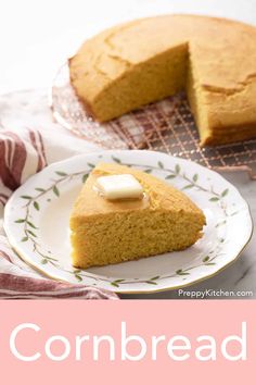 a piece of cornbread on a plate next to a bundt cake