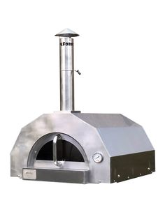 a stainless steel pizza oven with an open door on the front and side, for outdoor use