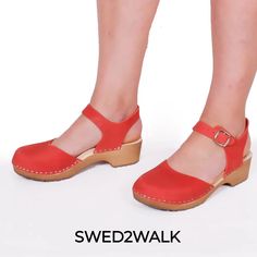 Swedish Clogs from SWED2WALK Casual Flat Heel Mules With Heel Strap, Casual Flat Heel Mules With Strap, Low Heel Summer Clogs With Buckle Closure, Summer Low Heel Clogs With Buckle Closure, Casual Mules With Ankle Strap Medium Width, Casual Mules With Heel And Ankle Strap, Casual Closed Toe Clogs With Buckle Closure, Casual Heels With Wooden Flat Heel, Casual Red Open Heel Sandals