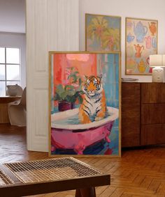 a painting of a tiger sitting in a bathtub next to a table and chair