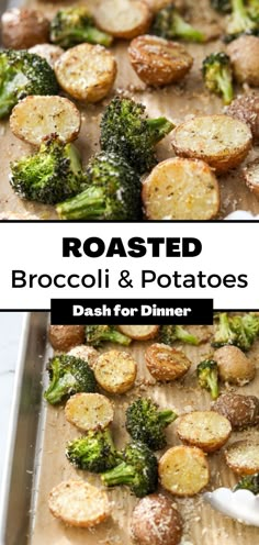 roasted broccoli and potatoes on a baking sheet