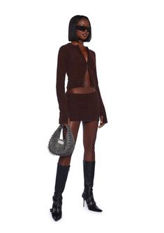 Look chic and sleek in this skirt set that includes a cardigan that has a super soft fuzzy knit construction, long sleeves with thumbhole cuffs, a double zipper closure, and a matching mini skirt. Matching Sets Black Women, Fall Matching Sets, Skirt Set With Boots, Justine Skye Style, Reveal Outfits, Leather Skirt Set, Gender Reveal Outfits, Kiss Outfits, Nude Skirt