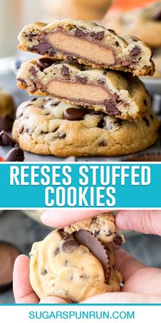 two pictures with the words reeses stuffed cookies