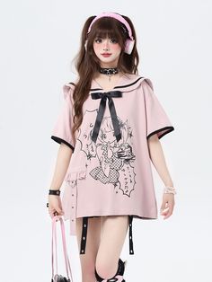 Elevate your Kawaii wardrobe with our pink sweet sailor collar T-shirt. This adorable and versatile piece features a charming sailor collar that adds a touch of Kawaii charm to your outfit. The detachable bow tie adds a playful and customizable element to the T-shirt, allowing you to create different looks with ease.  Please note that this product includes only the T-shirt.  Garment Size   	 		 			Size 			S 			M 		 		 			Full Length 			70 			72 		 		 			Bust 			116 			120 		 		 			Shoulders 			5 Pink Cotton Anime Print Tops, Pink Cotton Tops With Anime Print, Pink Anime Print Cotton Top, Pink Short Sleeve Kawaii Top, Pink Collared T-shirt For Summer, Kawaii Short Sleeve Tops For School, Cute Collared Top With Graphic Print, Harajuku Style Tops For Summer School, Cute Pink Top With Cute Collar