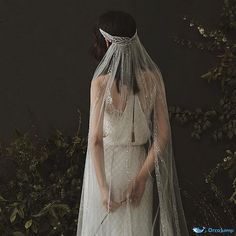 a woman in a wedding dress with a veil over her head