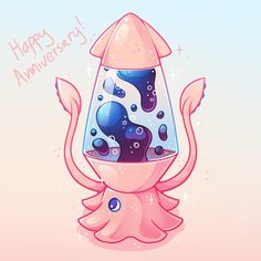 an illustration of a pink and blue octopus with bubbles on it's head, sitting in front of a happy anniversary card