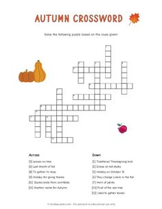 an autumn crossword puzzle with pumpkins and leaves on the bottom, and words below it