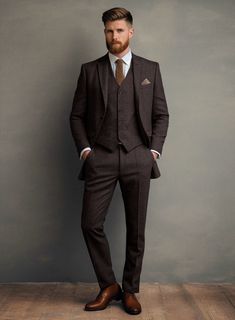 Begin your voyage into distinguished attire with our Italian Highlander Dark Wine Herringbone Tweed Suit. Seamlessly crafted from premium pure wool, this piece mesmerizes with its intricate herringbone pattern, dipped in a deep wine palette for a touch of aristocratic flair. The suit's expertly engineered drape promises ease and elegance, marrying comfort with poise. Tailored for high-caliber events, upscale weddings, or to command attention in executive settings, this ensemble is a testament to refined tastes.   Look features a 2 button jacket with notch lapels,    h  orn brown  , single vent, three cuff buttons and two welted back pockets on trousers.   Click 'Customize Now' to modify the look if needed.   Lining: Viscose; Dry Clean. Suits For Ginger Men, Men’s Three Piece Suits, Dark Brown Tweed Suit, Fall Wedding Groom Attire, Wine Palette, Unique Mens Wedding Suits, Tweed Groom